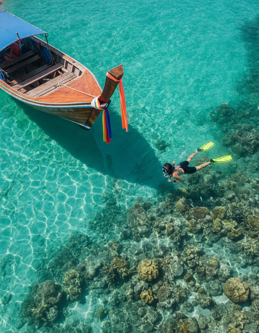 a scene showing the reality of daily life, food, or activity at Koh Lipe - Satun — a longtail boat with colourful ribbons on the prow bobbing in crystal clear water over a visible reef with a snorkeller nearby