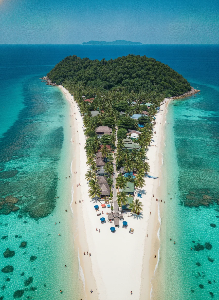wide establishing shot of Koh Lipe - Satun — a high-angle view showing the turquoise curve of Pattaya Beach on the left, the dense green jungle interior, and the thin line of Walking Street cutting through the centre toward Sunrise Beach
