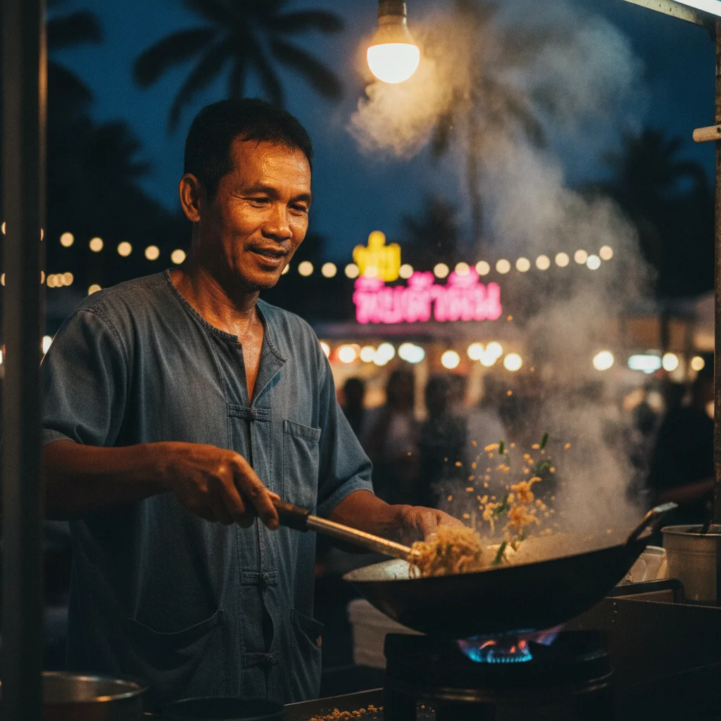a practical or atmospheric scene at or near Koh Samui — a street, market stall, viewpoint, or local transport scene
