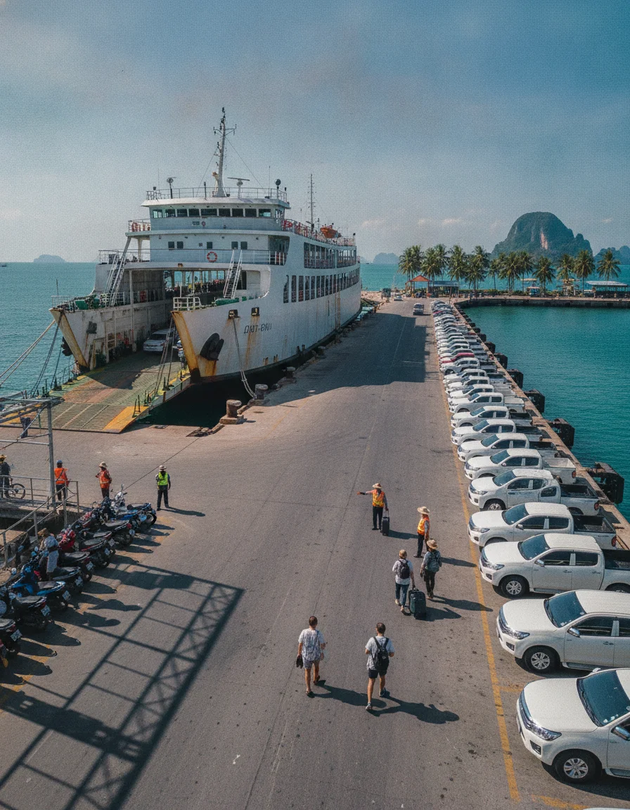 the approach road, bus station, ferry pier, or transport hub serving Koh Samui — describe what is visible
