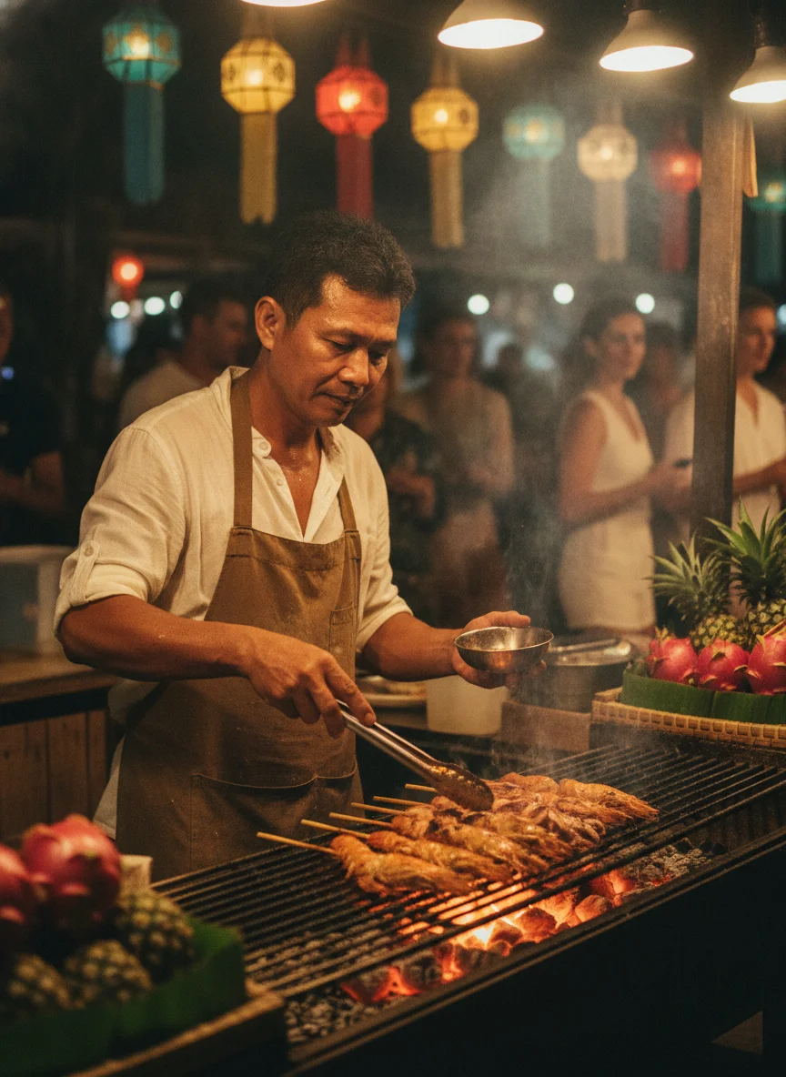 a scene showing the reality of daily life, food, or activity at Koh Samui — describe exactly what is visible