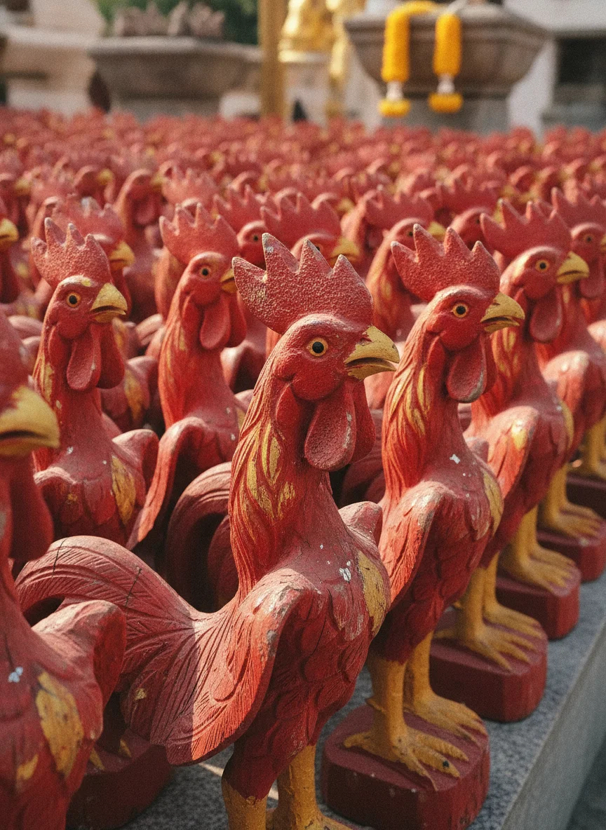 stacked rows of red wooden cock statues (fighting cocks) stacked rows of red wooden cock statues (fighting cocks)