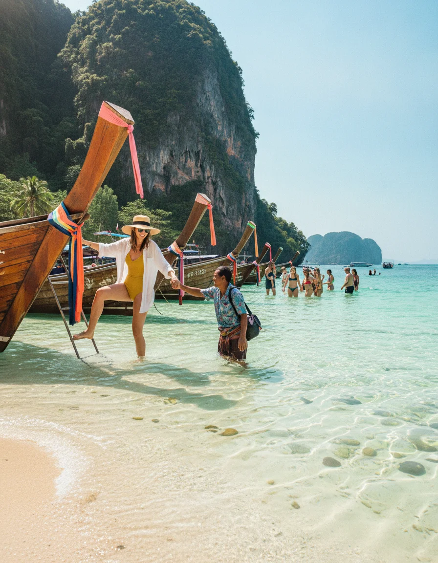 Traditional Thai longtail boats and boarding tourists Traditional Thai longtail boats and boarding tourists