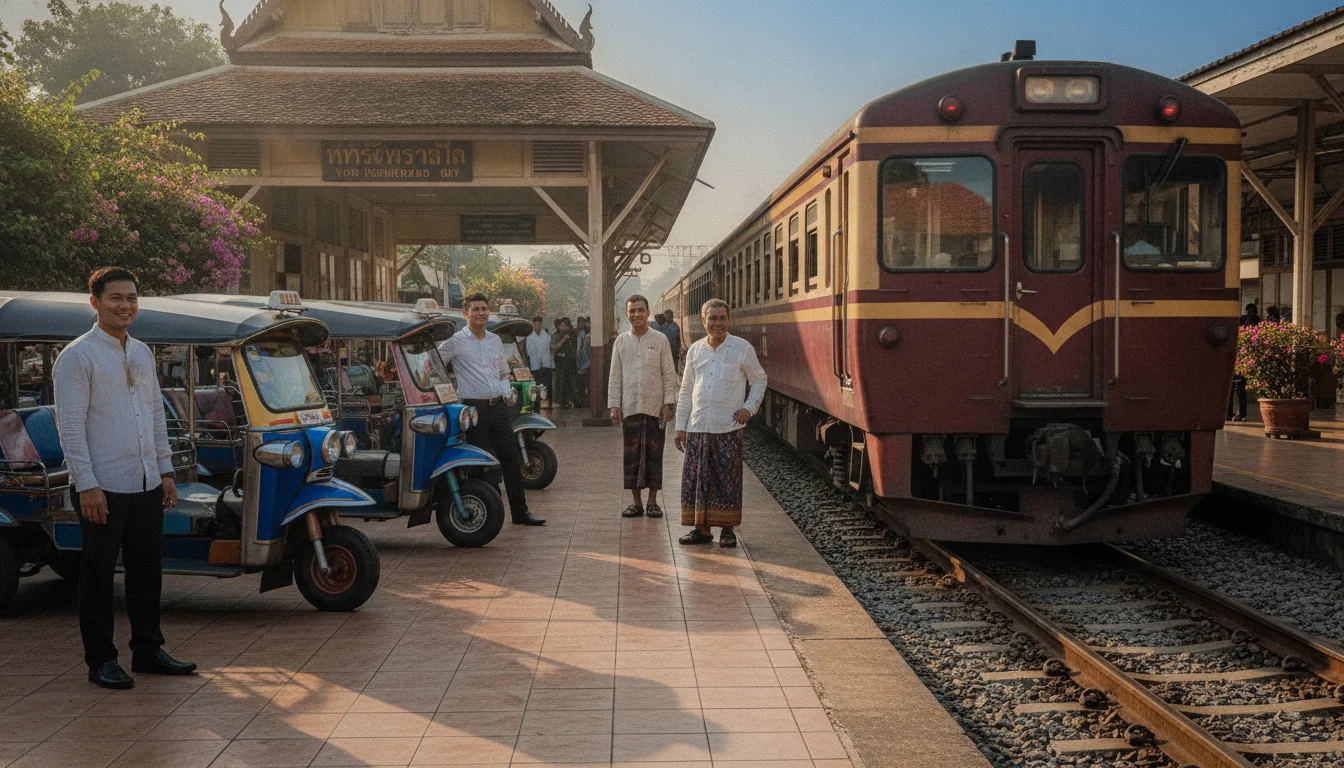 Local third-class State Railway of Thailand (SRT) train and Ayutthaya tuk-tuks