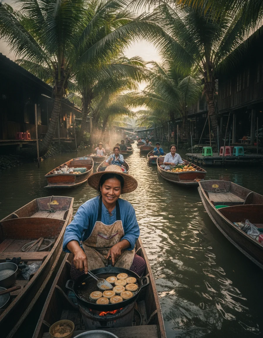 Amphawa floating market vendors and long-tail wooden boats
