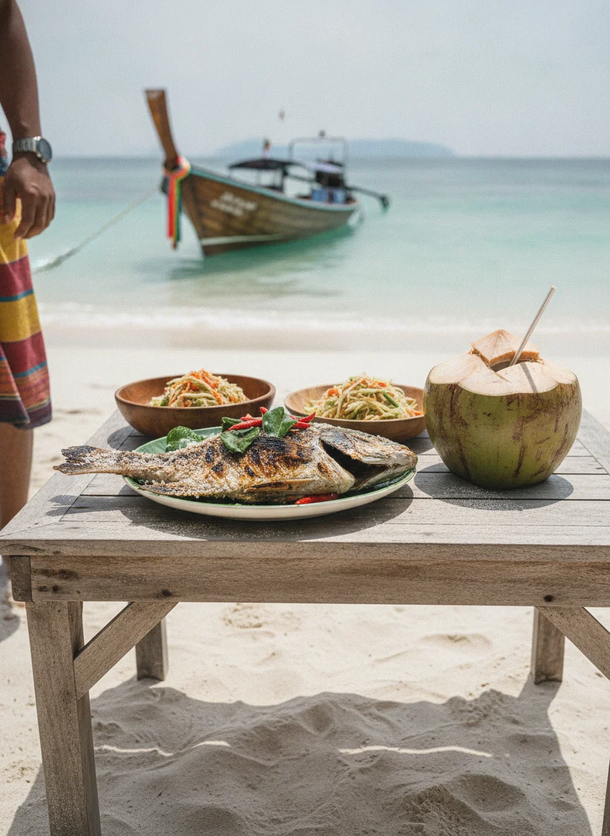 a scene showing the reality of daily life, food, or activity at Koh Kradan — describe exactly what is visible