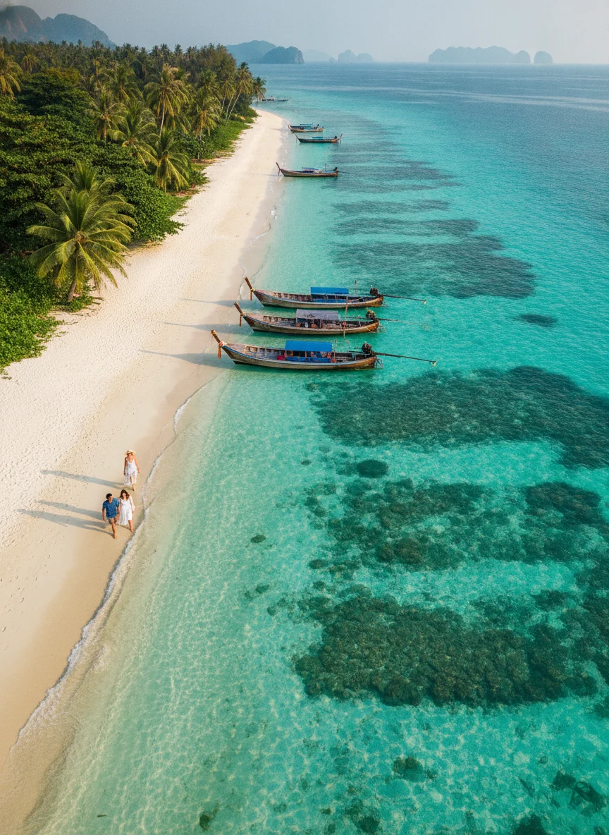 wide establishing shot of Koh Kradan — describe exactly what is visible including the landscape, key buildings, streets, or natural features that define this location's character