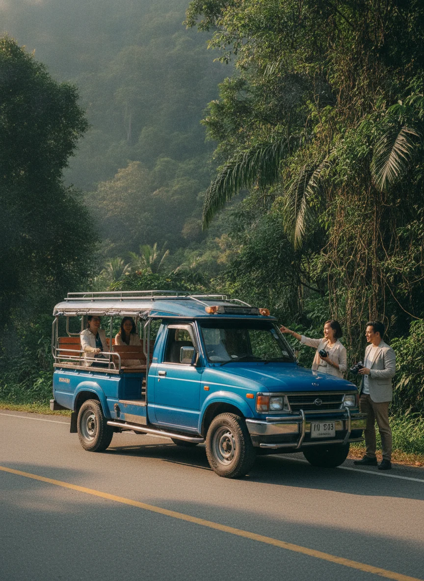 a practical or atmospheric scene at or near Koh Chang - Trat — a local songthaew taxi parked at a viewpoint, its bright blue paint contrasting with the deep green of the island's interior.