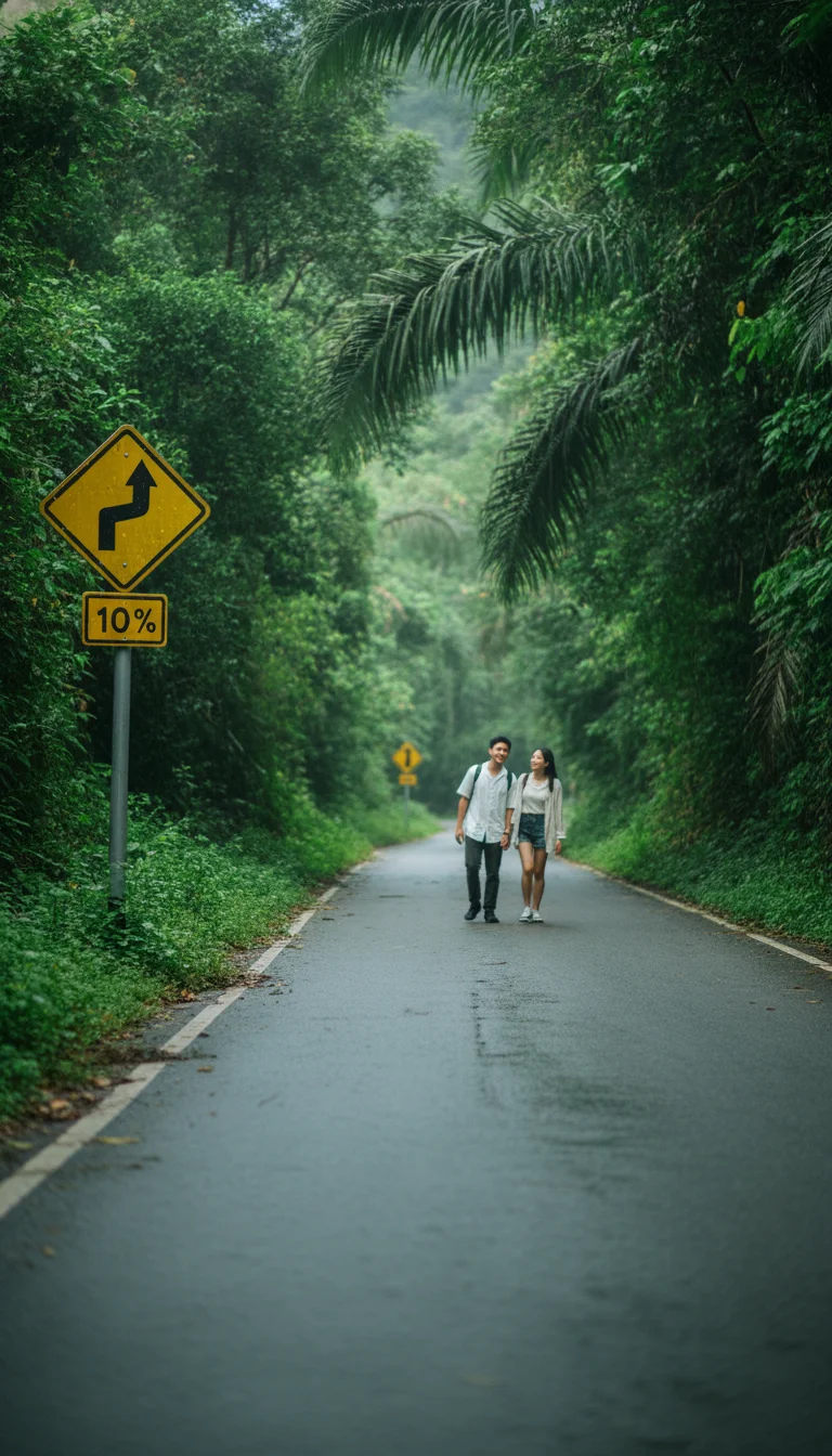 a detail shot of a landmark, local scene, food, or cultural element specific to Koh Chang - Trat — a yellow warning sign on a steep road depicting a sharp curve and a 10% incline, with dense jungle foliage pressing in from both sides.