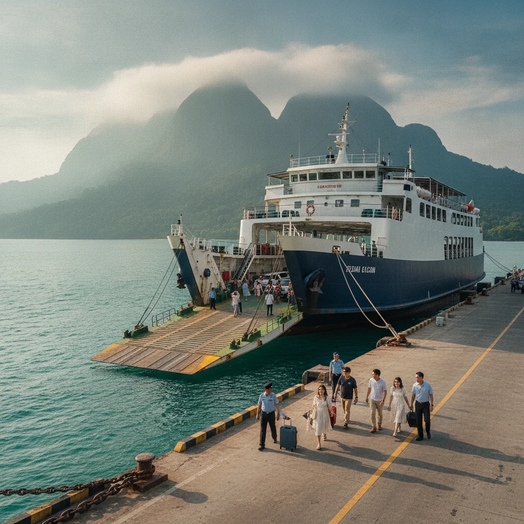 the approach road, bus station, ferry pier, or transport hub serving Koh Chang - Trat — a large blue and white car ferry docked at Thammachat Pier, with the verdant, cloud-topped peaks of Koh Chang visible across the water.