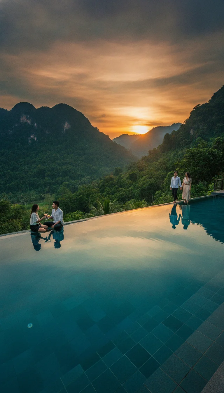 atmospheric shot showing a key landmark, viewpoint, market, temple, or natural feature at Koh Chang - Trat — the sun setting over the infinity pool at KC Grande Resort with the forested hills of the island interior rising sharply in the background.
