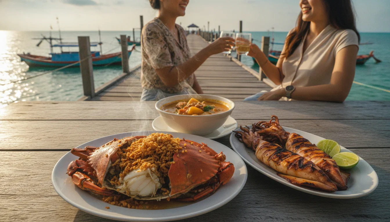 a scene showing the reality of daily life, food, or activity at Koh Chang - Trat — a wooden table at a Bang Bao Pier restaurant laden with steaming plates of garlic pepper crab, grilled squid, and a bowl of rich massaman curry.