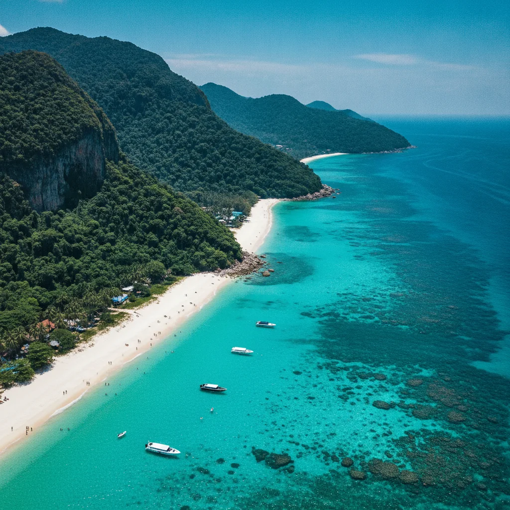 wide establishing shot of Koh Chang - Trat — a panoramic view showing the dense, dark green rainforest covering steep mountains that slope down to the turquoise waters of the Gulf of Thailand, with the white sands of Hat Sai Khao visible in the foreground.