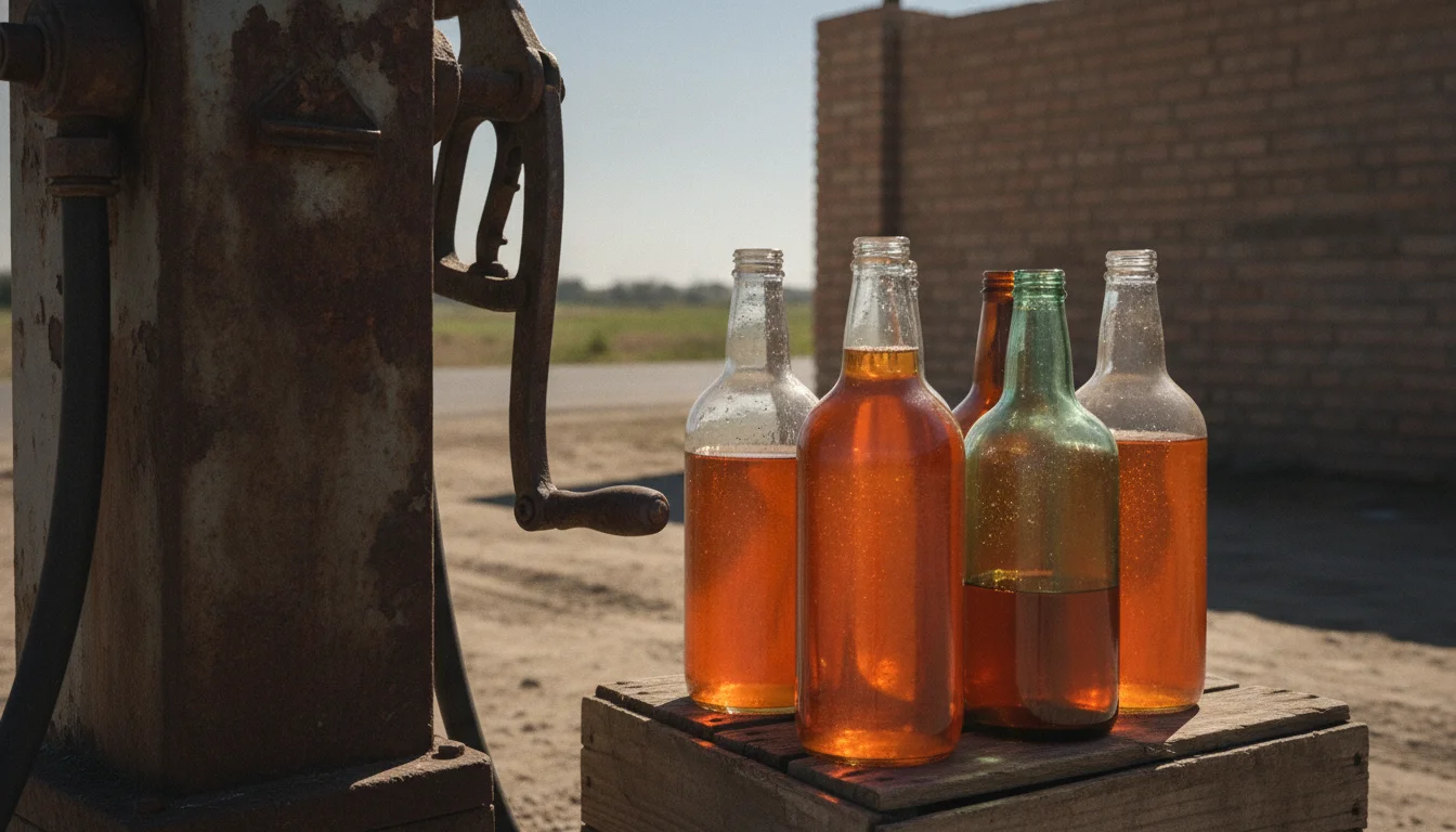 a practical scene of a local petrol station which consists of a small hand-cranked pump and several glass bottles filled with orange fuel