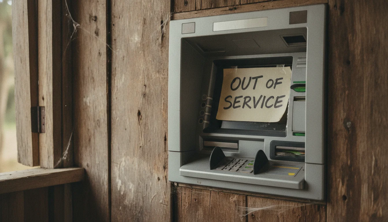 a detail shot of an ATM machine in a small wooden hut with a sign nearby indicating it is out of service or has limited cash