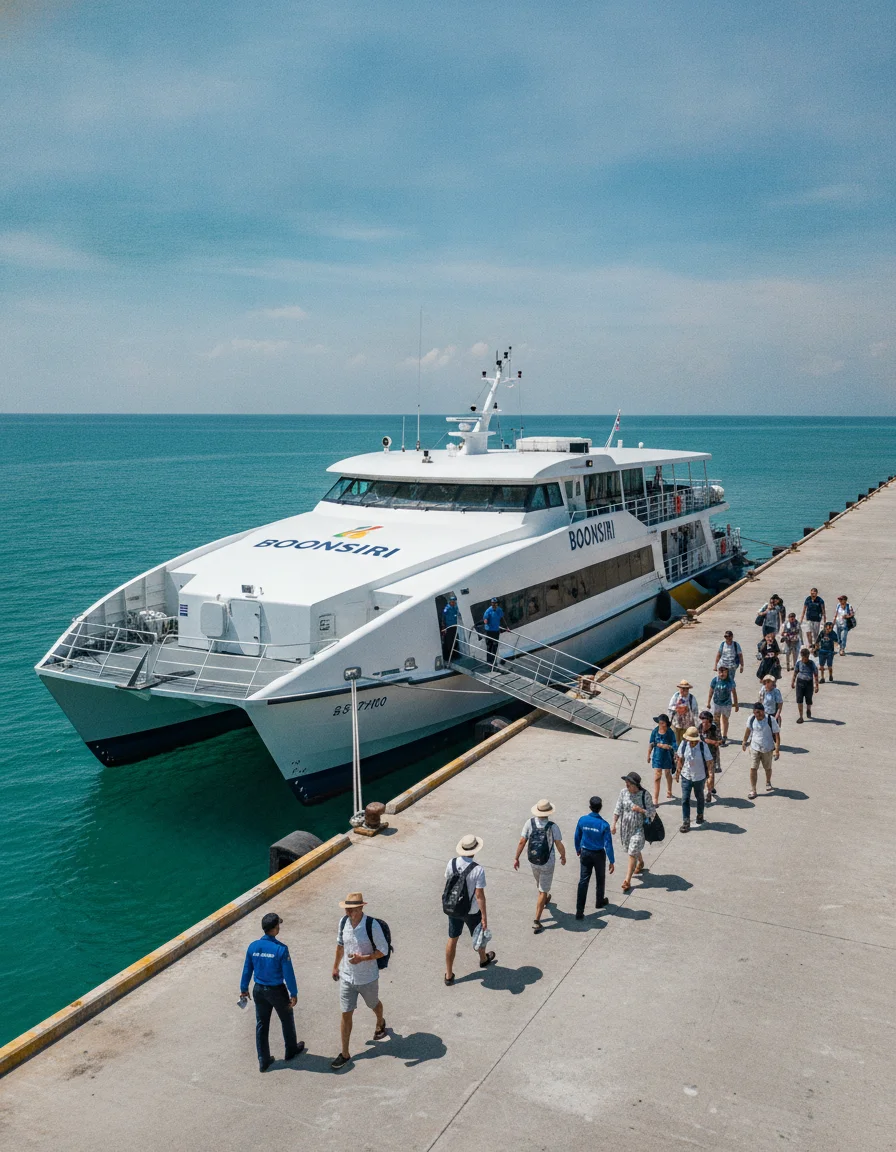 the Boonsiri high-speed catamaran docked at Laem Sok Pier in Trat, with passengers boarding via a gangway and the blue sea stretching toward the horizon