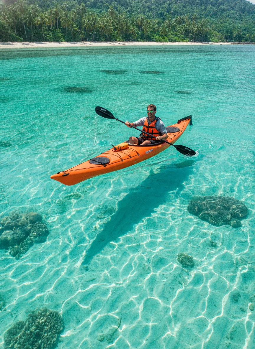 a clear view of a sea kayaker paddling through the calm, crystal-clear waters of Bang Bao Bay with the white sandy bottom visible through the water and palm trees lining the shore