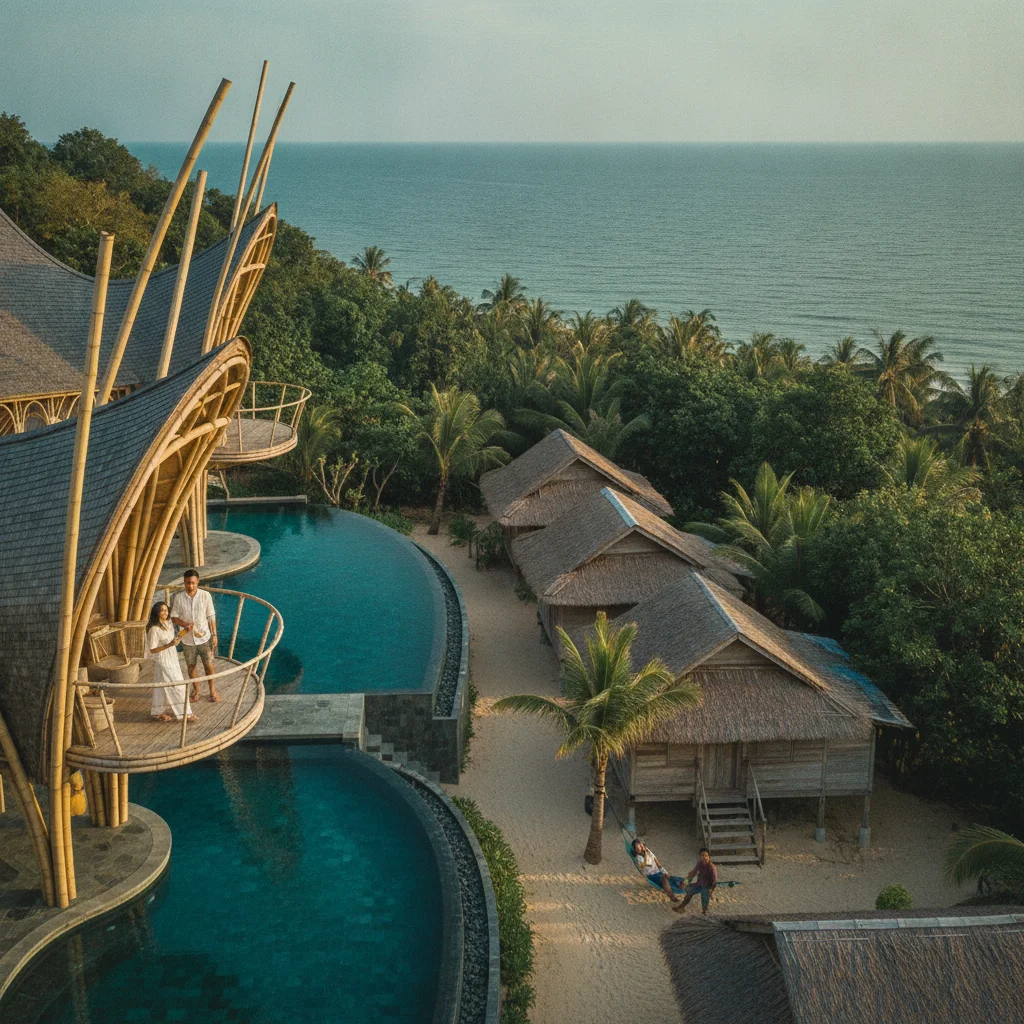 atmospheric shot showing the eco-luxury architecture of Soneva Kiri with its large bamboo structures and private pools overlooking the sea, contrasted with the simple wooden bungalows of a budget resort nearby