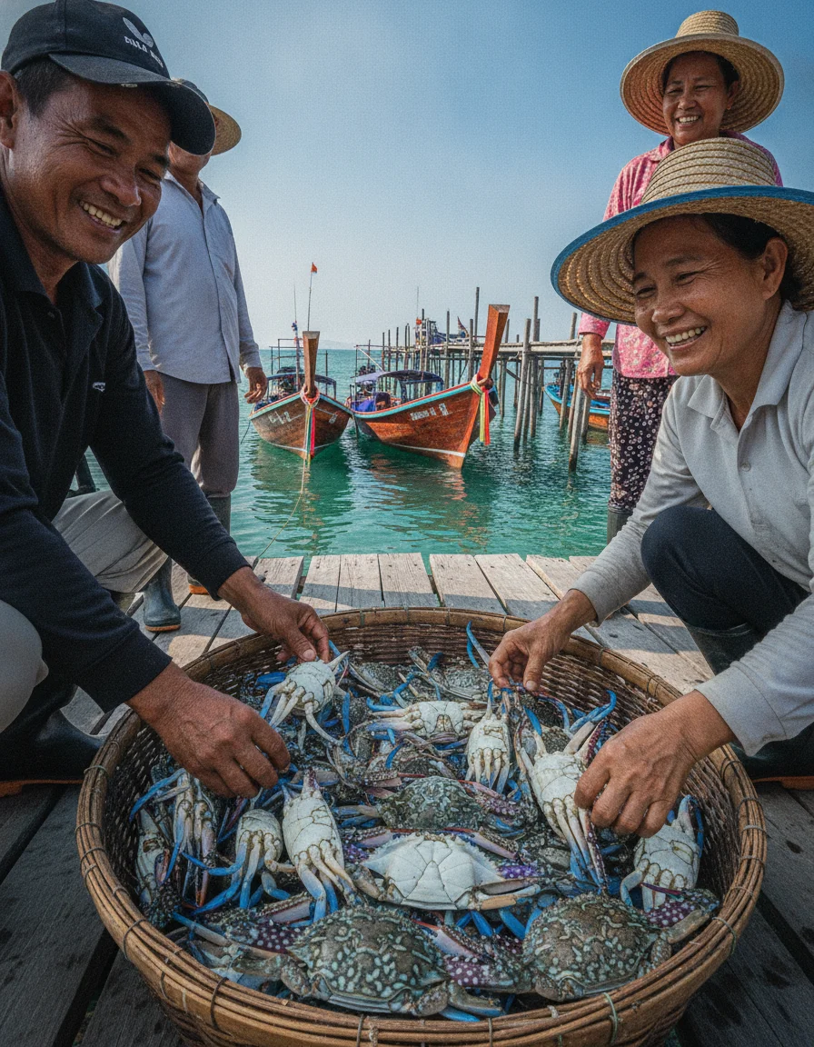 a scene showing the reality of daily life at Ao Salad fishing village with bright blue and red wooden boats moored alongside a rickety wooden pier where locals are sorting through large baskets of fresh blue swimmer crabs
