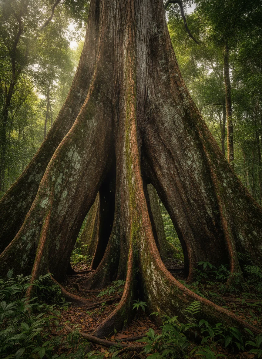 the massive trunk of a 500-year-old Makka tree with deep ridges in its bark and thick buttress roots spreading across the jungle floor, surrounded by smaller tropical ferns