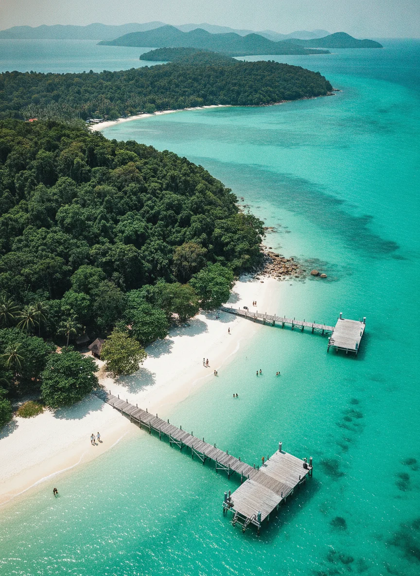 wide establishing shot of Koh Kood - Trat — a panoramic view showing the dense, dark green rainforest canopy covering the interior hills, meeting the pale turquoise waters of the Gulf of Thailand with small wooden piers extending from secluded white sand beaches