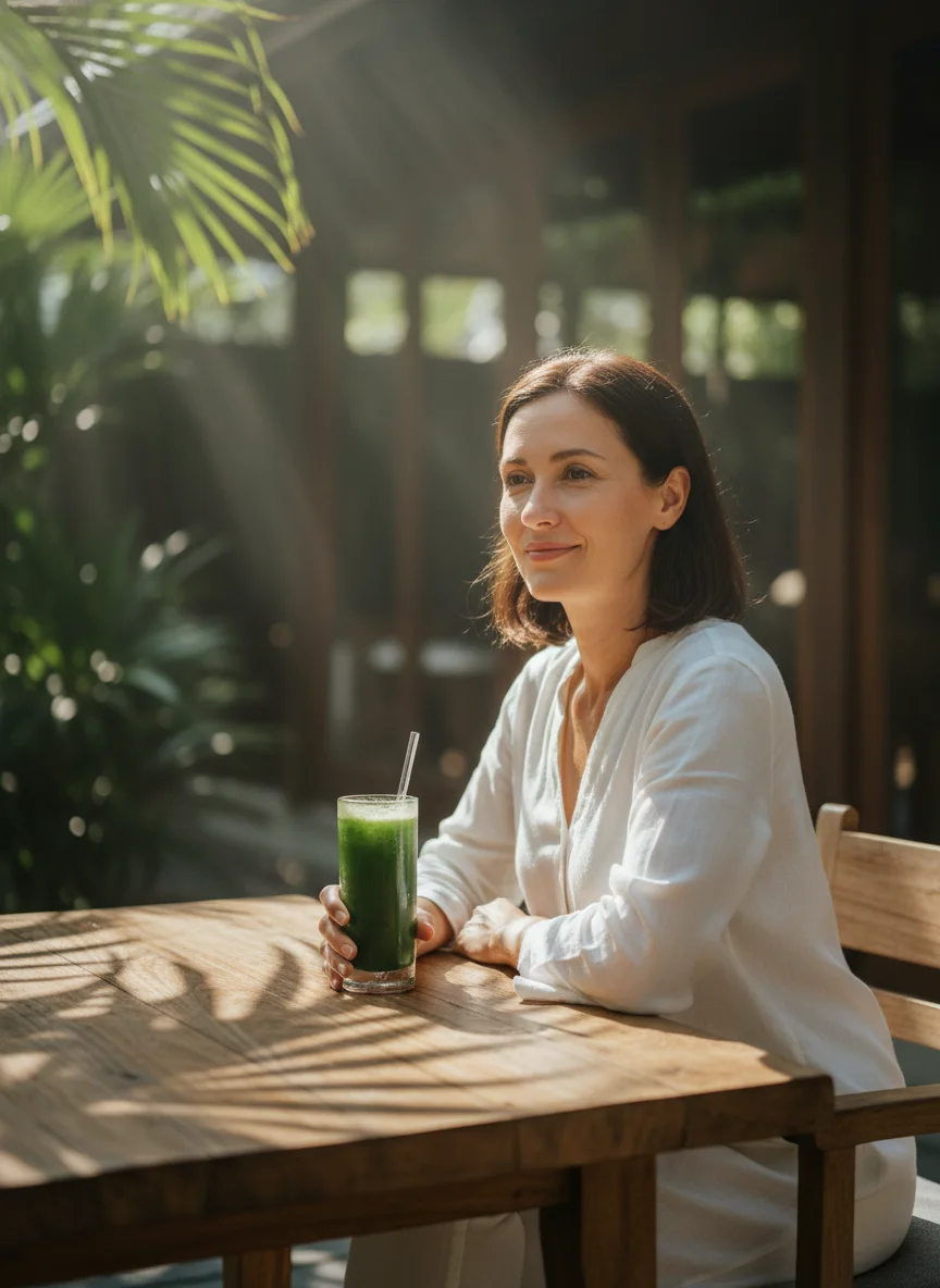 a practical scene of a guest enjoying a green juice at the outdoor dining area of The Love Kitchen at Absolute Sanctuary