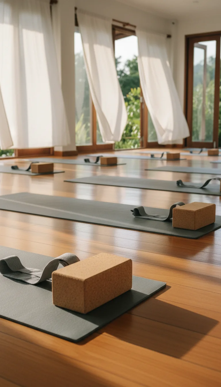 detail shot of the yoga shala interior at Absolute Sanctuary — showing polished wooden floors, white curtains gently blowing in the wind, and yoga mats neatly laid out with cork blocks and straps