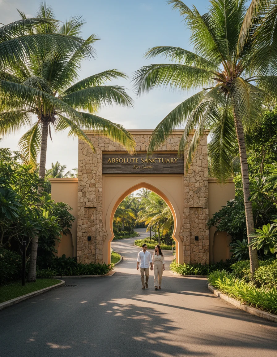 the entrance driveway of Absolute Sanctuary Koh Samui — showing the palm-fringed road leading up the hill, with a large Moroccan-style stone gateway and sign board