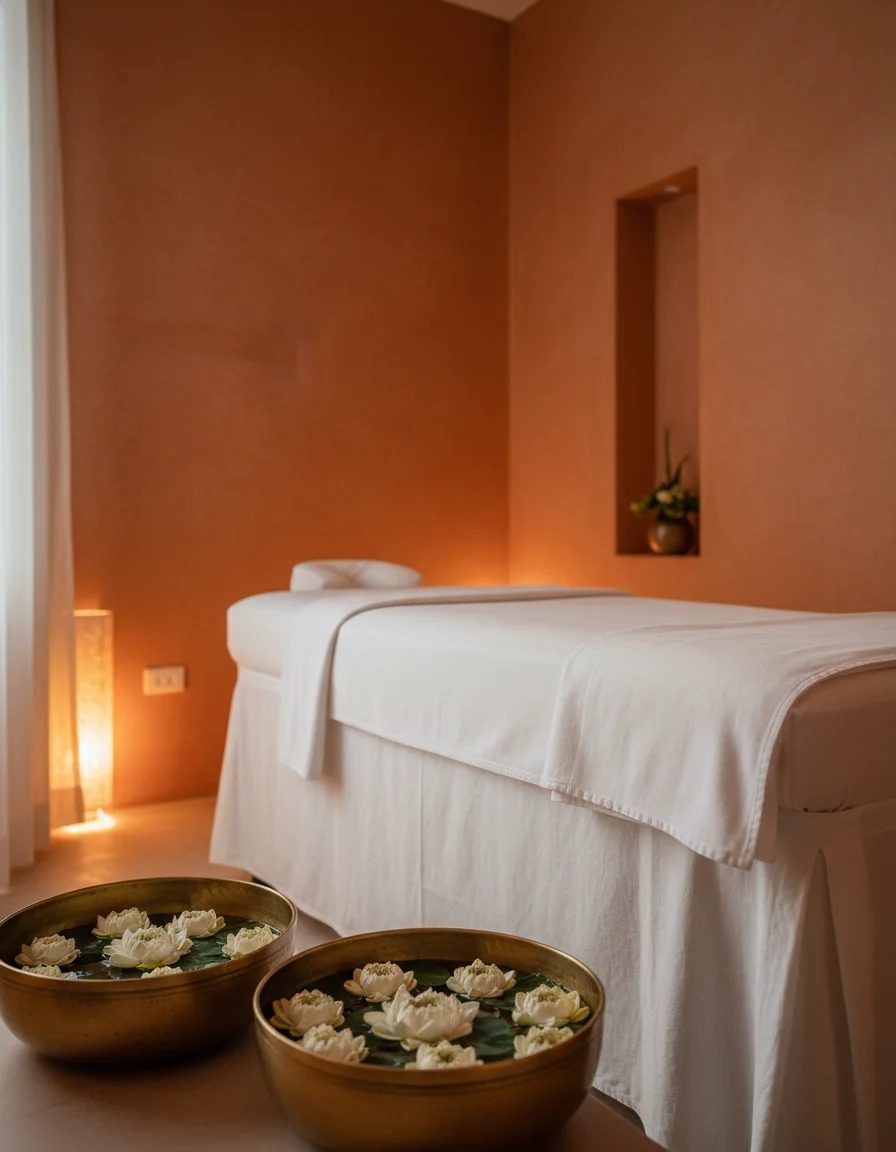atmospheric shot of the spa treatment room at Absolute Sanctuary — showing a serene, softly lit massage room with terracotta walls, a professional treatment table draped in white linens, and brass bowls containing floating white lotus flowers