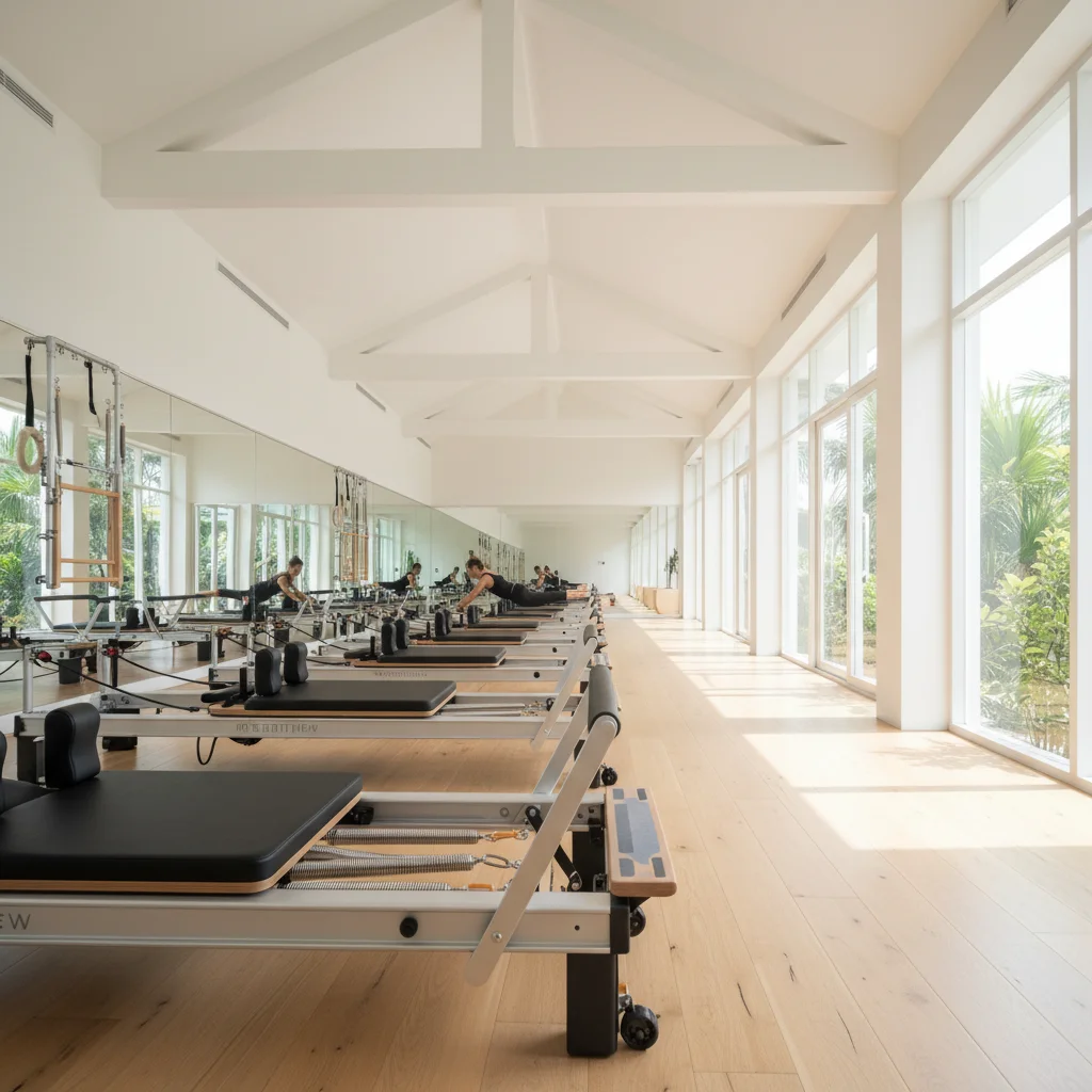 interior shot of the reformer Pilates studio at Absolute Sanctuary — showing a bright, mirrored room with a row of state-of-the-art Merrithew reformer machines, wooden floors, and high ceilings with natural light streaming through large windows
