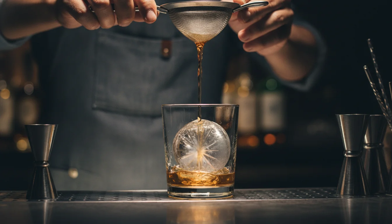 bartender straining the Graviton cocktail bartender straining the Graviton cocktail