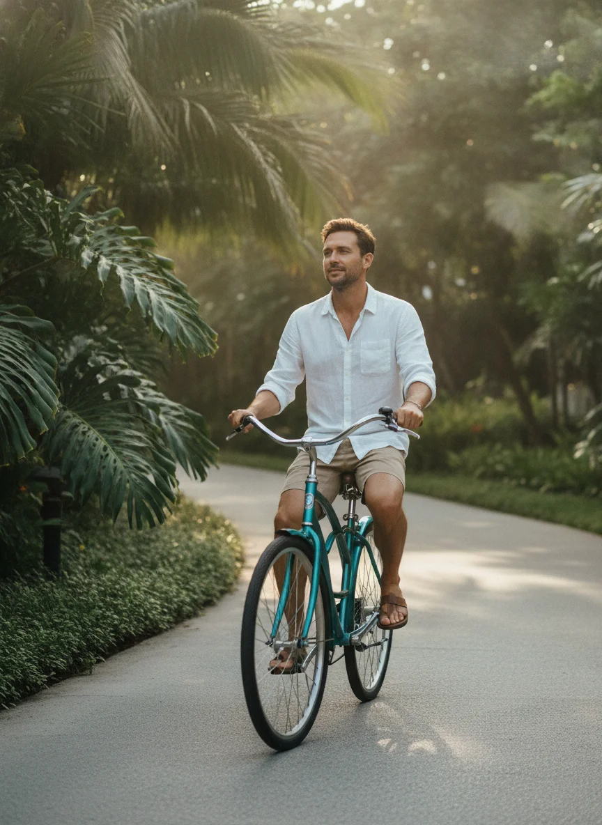 a practical or atmospheric scene at or near Aleenta Phuket — a guest riding one of the resort's complimentary bicycles along a quiet, paved path bordered by lush tropical foliage