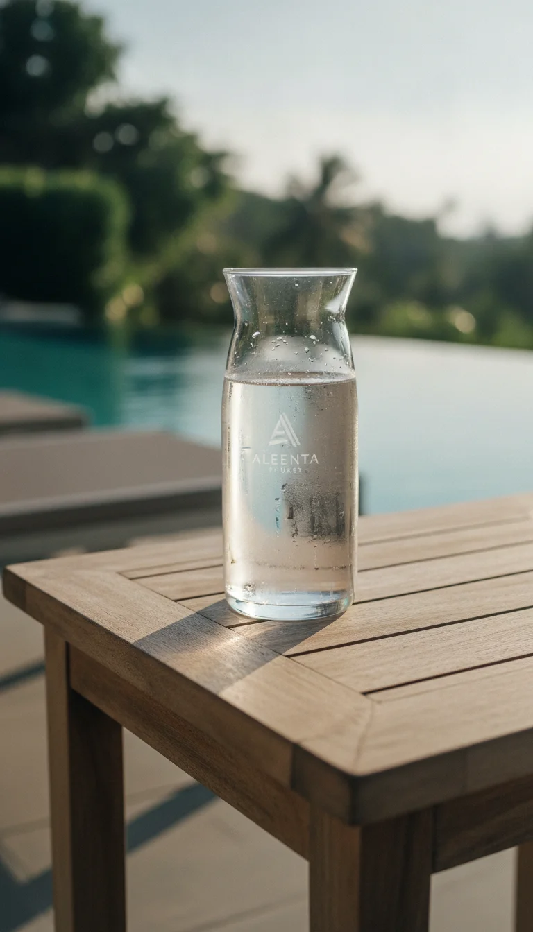 a detail shot of a standout feature, room, facility, or experience at Aleenta Phuket — a close-up of a glass water carafe with the resort logo, highlighting the plastic-free policy, resting on a wooden side table next to a private pool