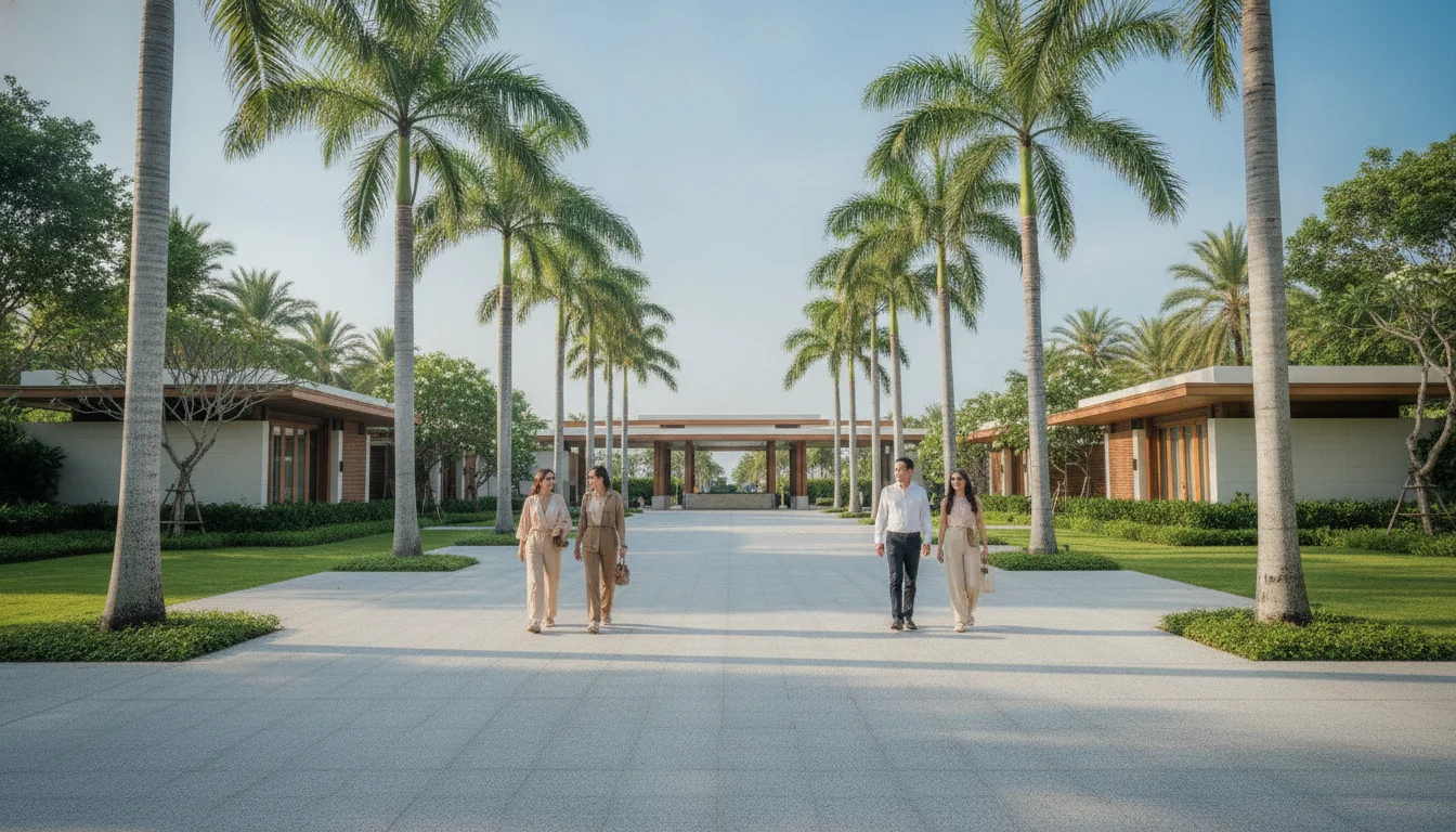 the approach, entrance, or surrounding area of Aleenta Phuket — a quiet paved road lined with tall coconut palms leading to the minimalist, open-air lobby entrance of the resort