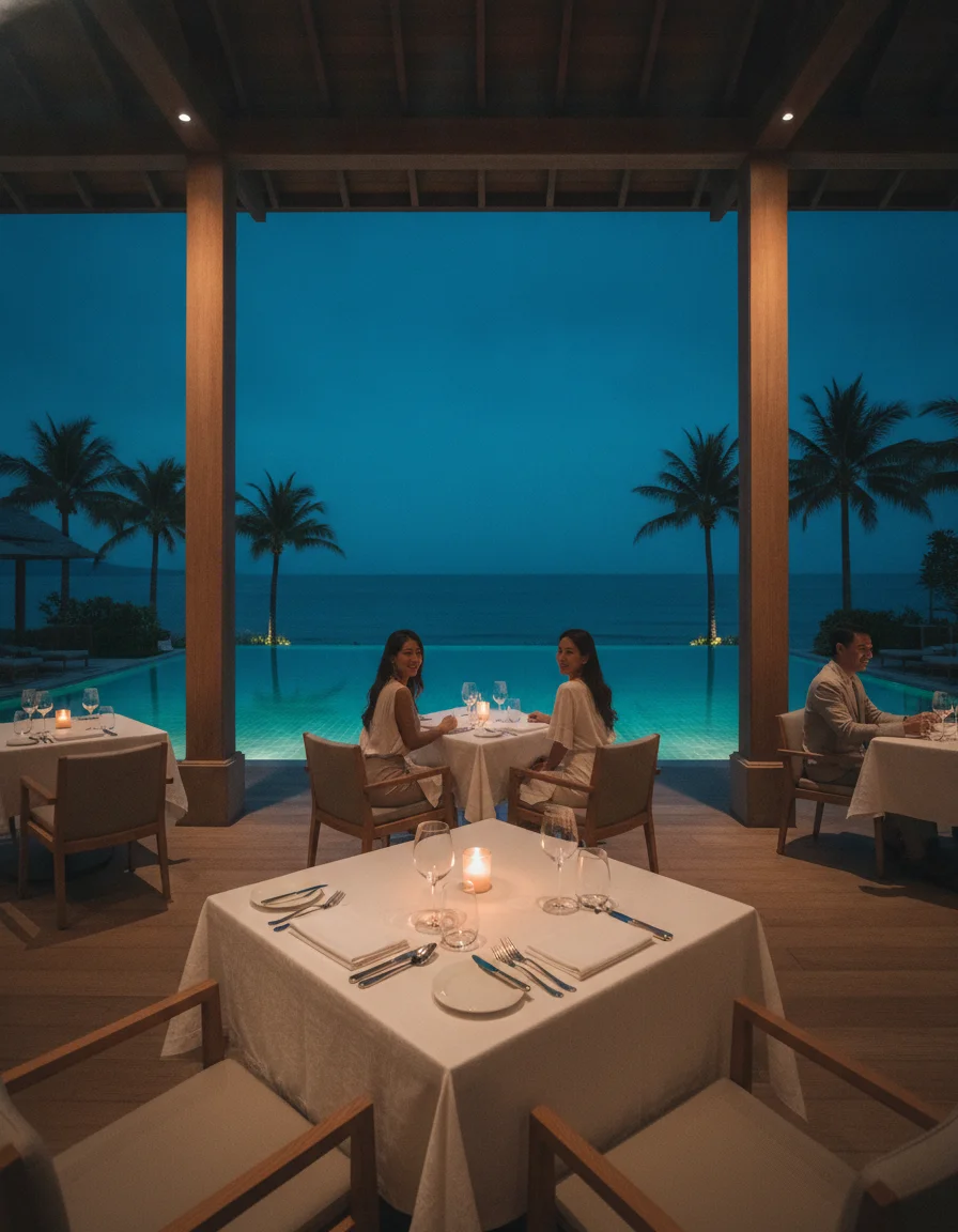 atmospheric shot showing the best feature or experience at Aleenta Phuket — the open-air dining pavilion of Natai Restaurant at dusk, with tables set with candlelight and overlooking the illuminated swimming pool and ocean