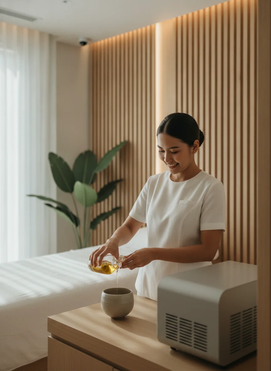 an interior or experiential shot showing the reality of this section's subject at Aleenta Phuket — a serene treatment room at Ayurah Wellness Centre with minimalist wooden decor, an ozone therapy machine, and a professional therapist preparing a natural oil treatment
