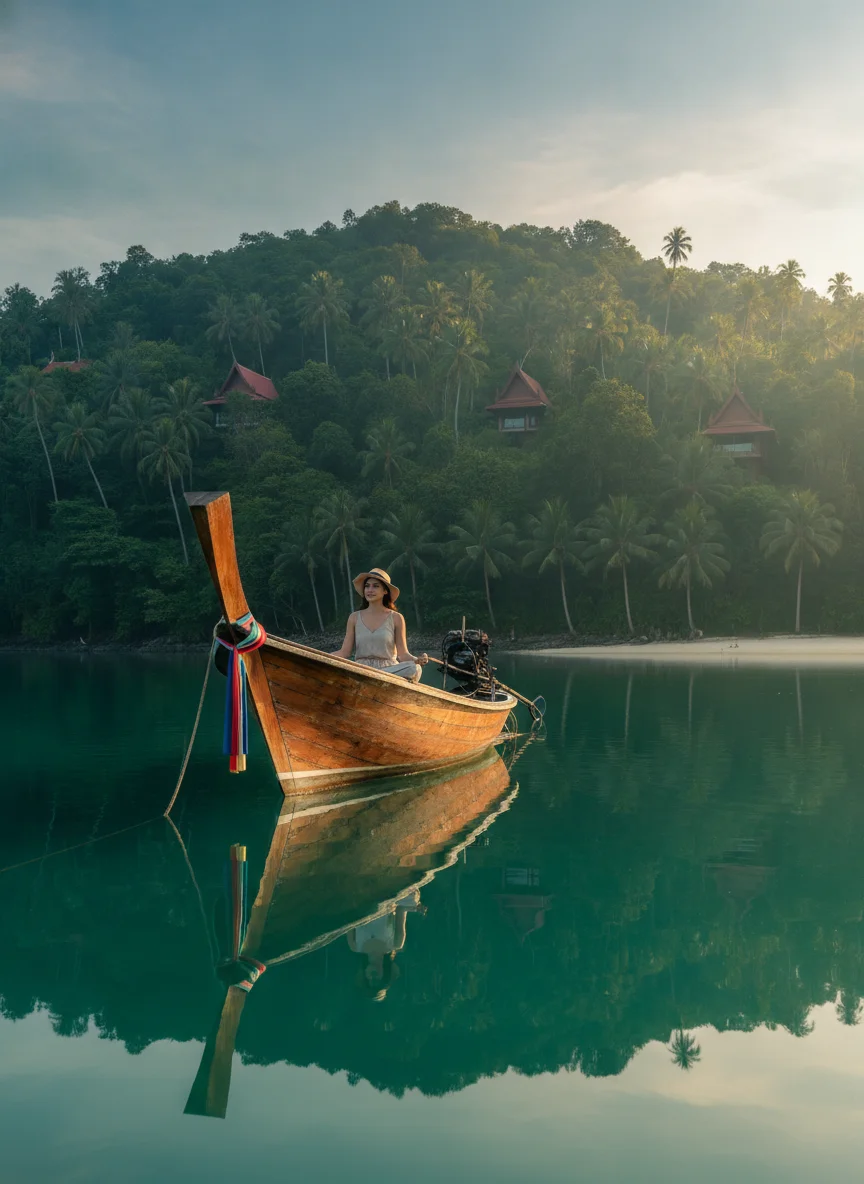 a practical or atmospheric scene at or near Amanpuri — showing a traditional wooden boat anchored in the calm waters of the private bay, with the lush palm forest of the resort stretching behind it under a soft morning sky