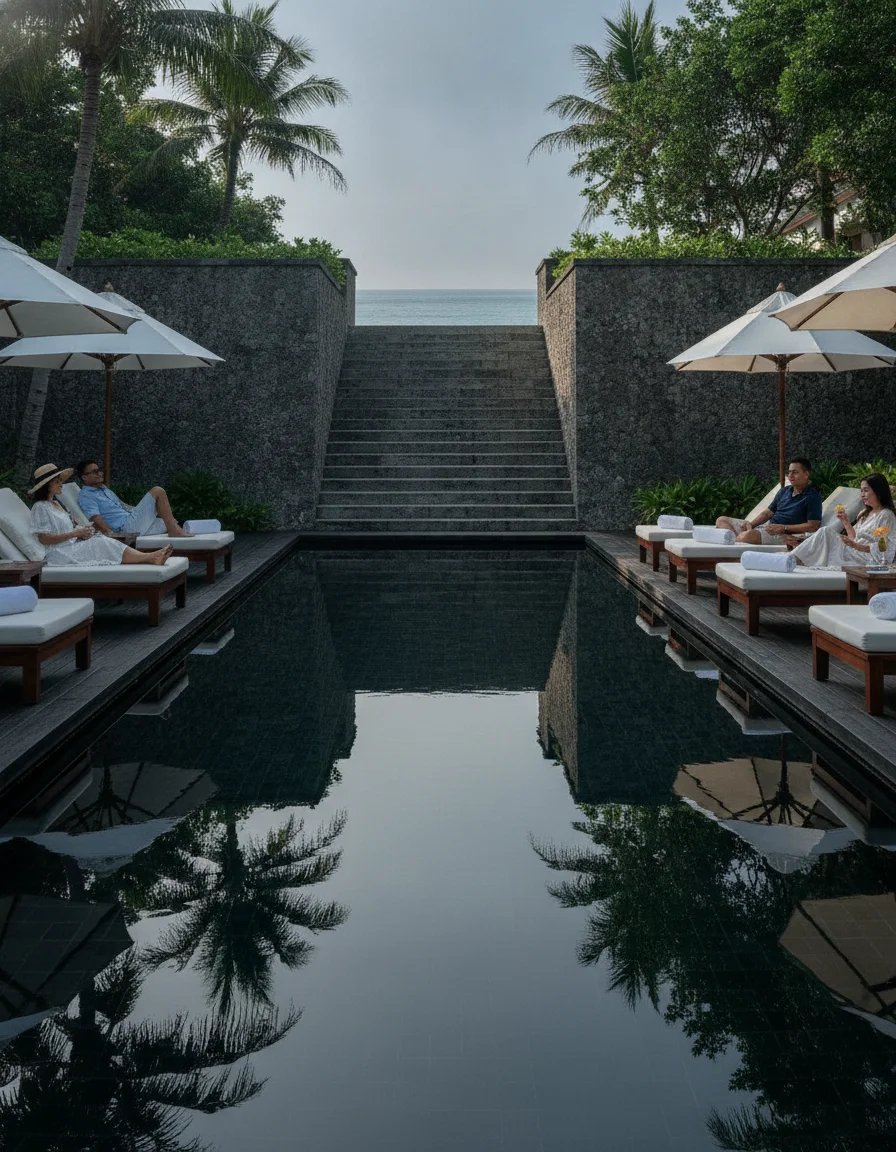 a detail shot of a standout feature, room, facility, or experience at Amanpuri — showing the iconic, towering black-tiled swimming pool surrounded by dark wood loungers and white umbrellas, with the grand stone stairs descending towards the beach in the background