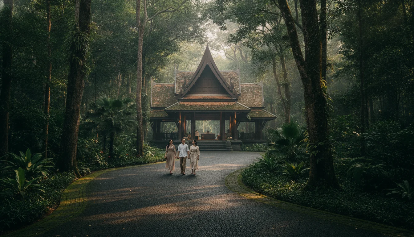 the approach, entrance, or surrounding area of Amanpuri — showing the private, security-gated forest driveway winding through lush tropical vegetation up to the dramatic, open-air temple-style reception pavilion