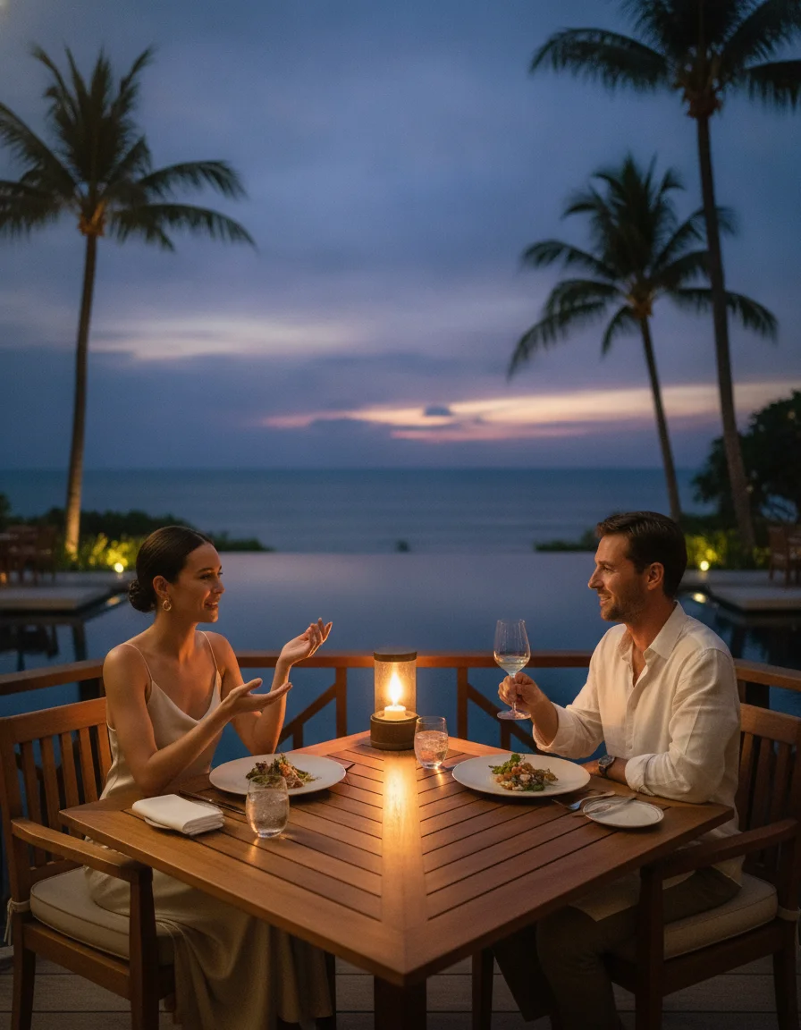 atmospheric shot showing the best feature or experience at Amanpuri — guests dining at Arva restaurant on the open-air wooden terrace overlooking the black-tiled swimming pool and the ocean at sunset