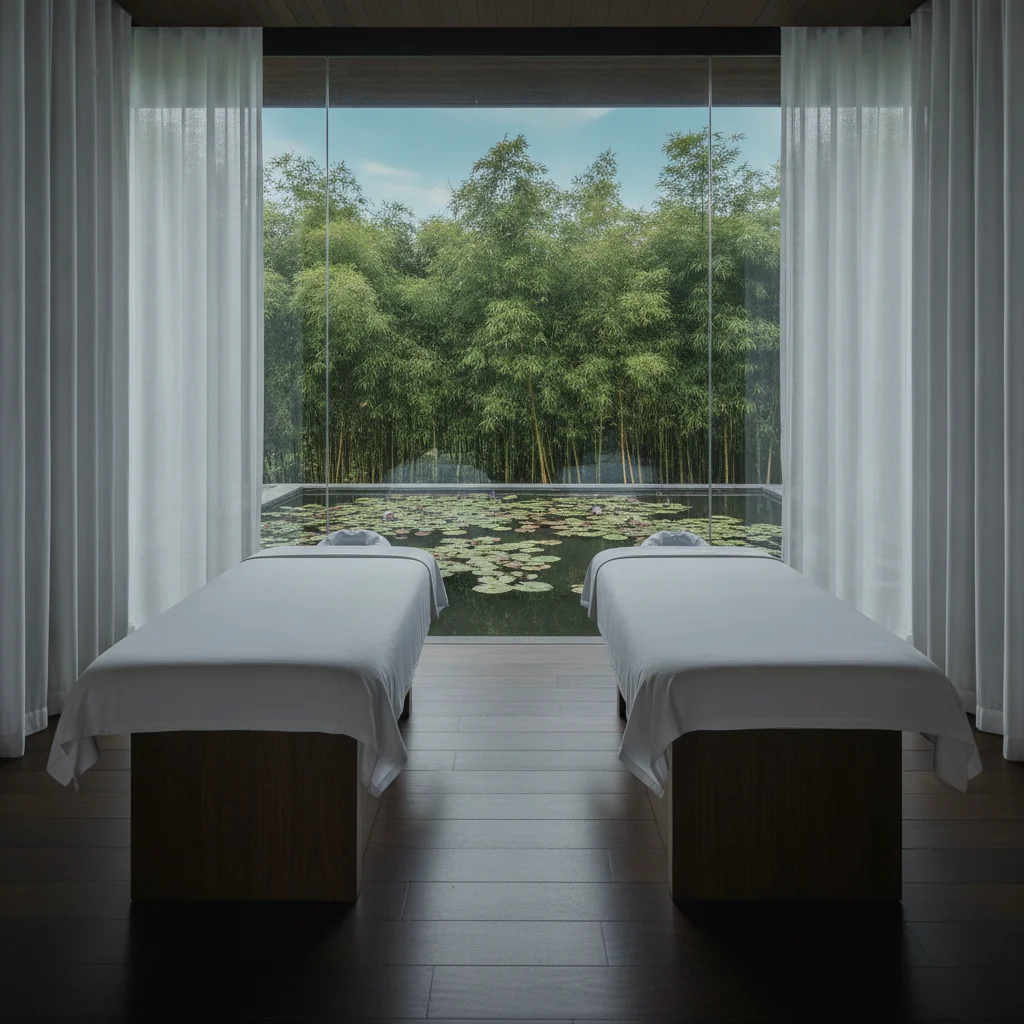 an interior or experiential shot showing the reality of this section's subject at Amanpuri — a serene open-air treatment room featuring two wooden massage tables, soft linen drapes, and a glass wall looking out onto a tranquil water lily pond surrounded by bamboo trees