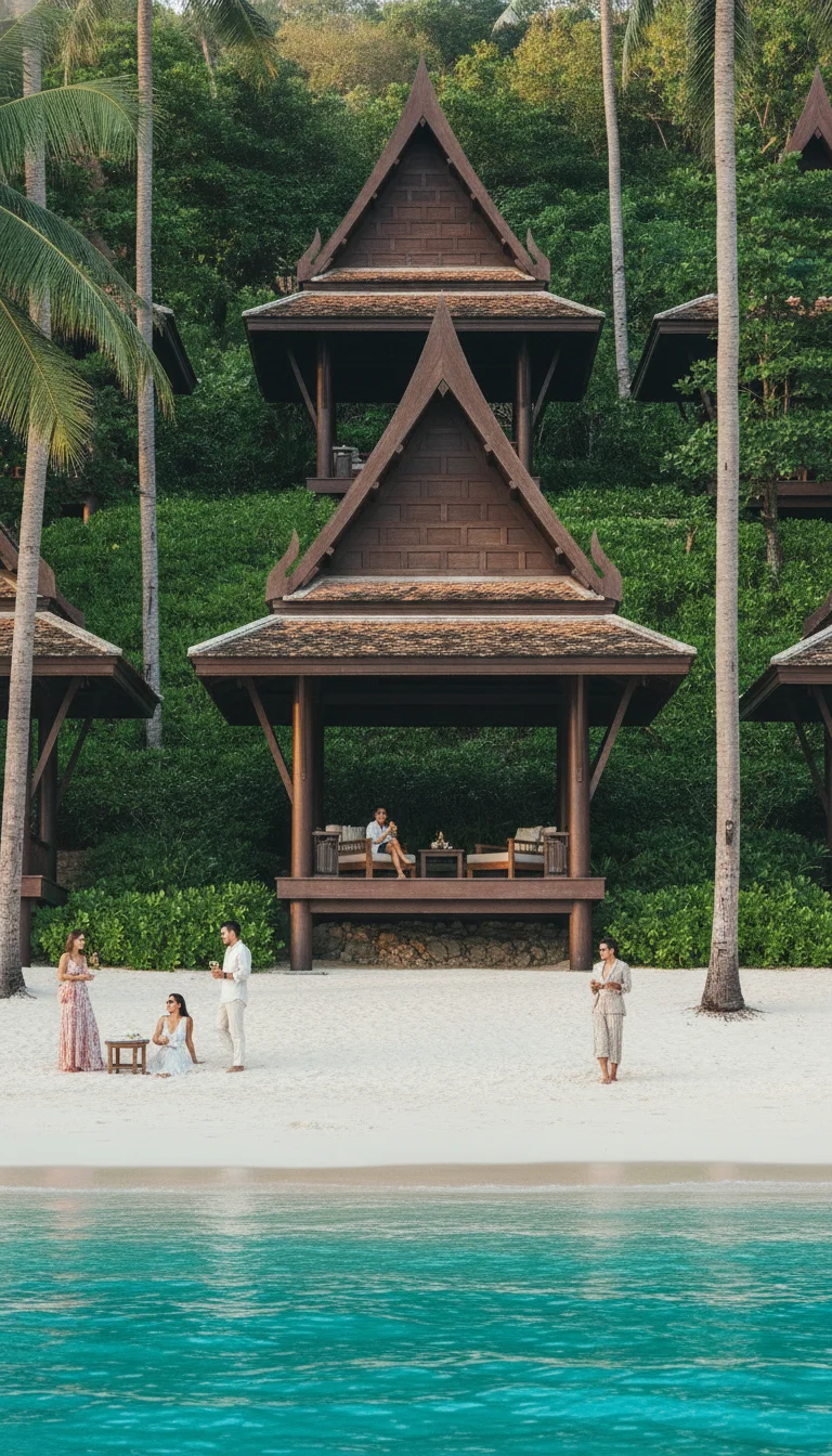 specific exterior or establishing shot of Amanpuri at Phuket — showing the iconic, steep-pitched wooden pavilions designed by Ed Tuttle, rising dramatically from a sloping coconut grove that meets the crescent-shaped white sands and turquoise waters of Pansea Beach
