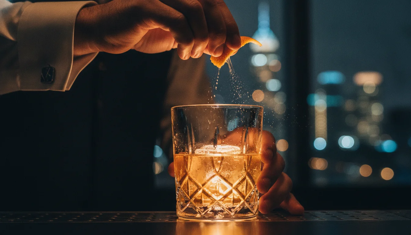 mixologist's hands and amber cocktail