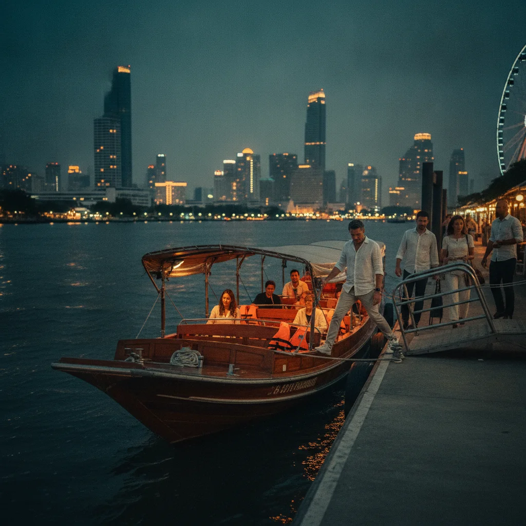 Asiatique wooden shuttle boat and boarding passengers