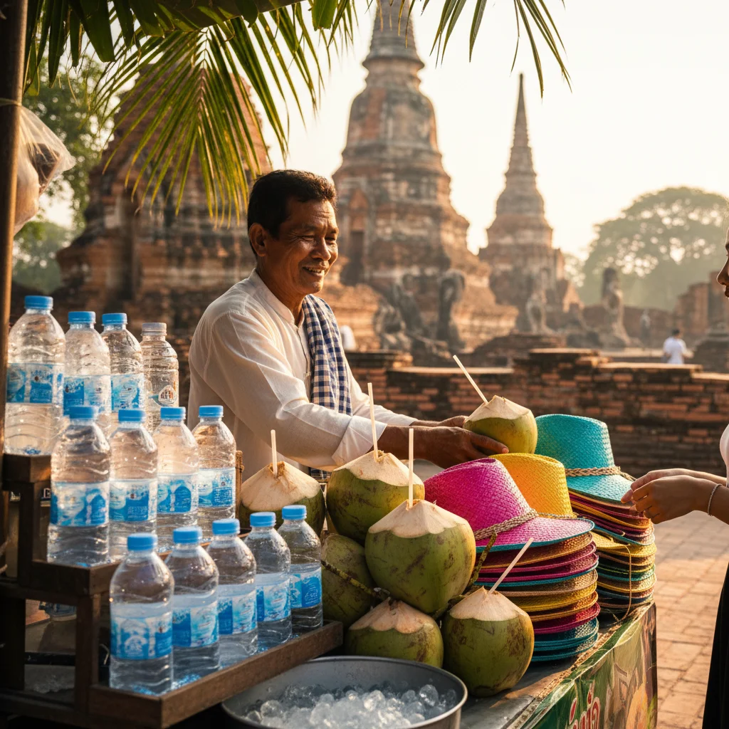 A vendor's stall near the entrance of Wat Mahathat selling chilled bottles of water, fresh coconuts, and colourful woven sun hats