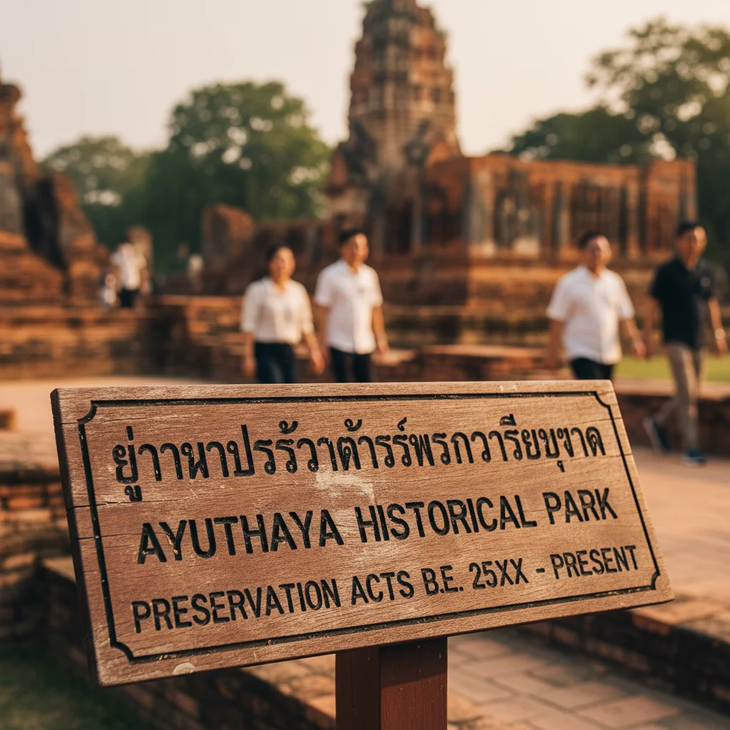 A close-up of a wooden sign at Ayutthaya Historical Park detailing temple rules and the preservation acts, with weathered brick ruins rising behind it