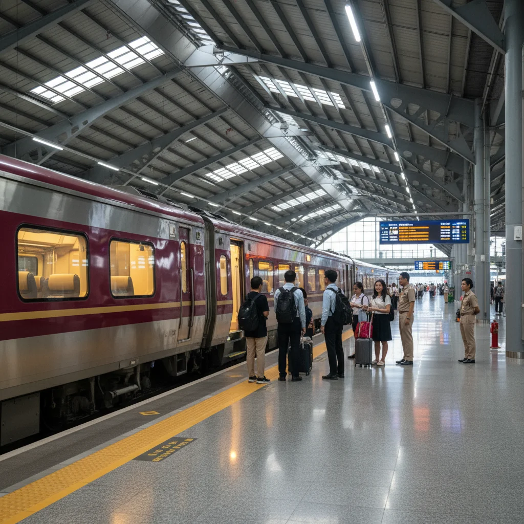 The busy train platform at Krung Thep Aphiwat Central Terminal in Bangkok, showing a modern train preparing to depart north towards Ayutthaya