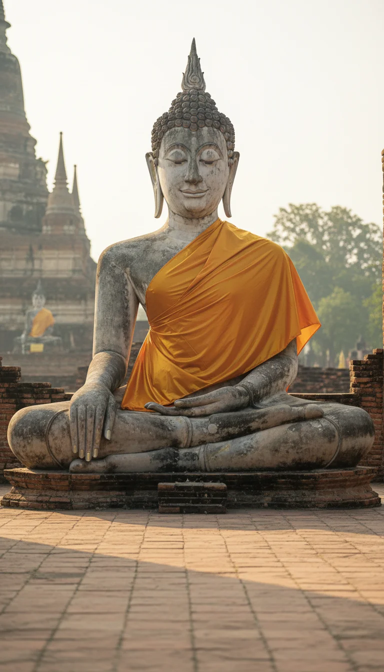 An atmospheric shot of a large stone Buddha statue at Wat Yai Chaimongkol draped in orange cloth, showing the correct respectful viewing distance and quiet environment