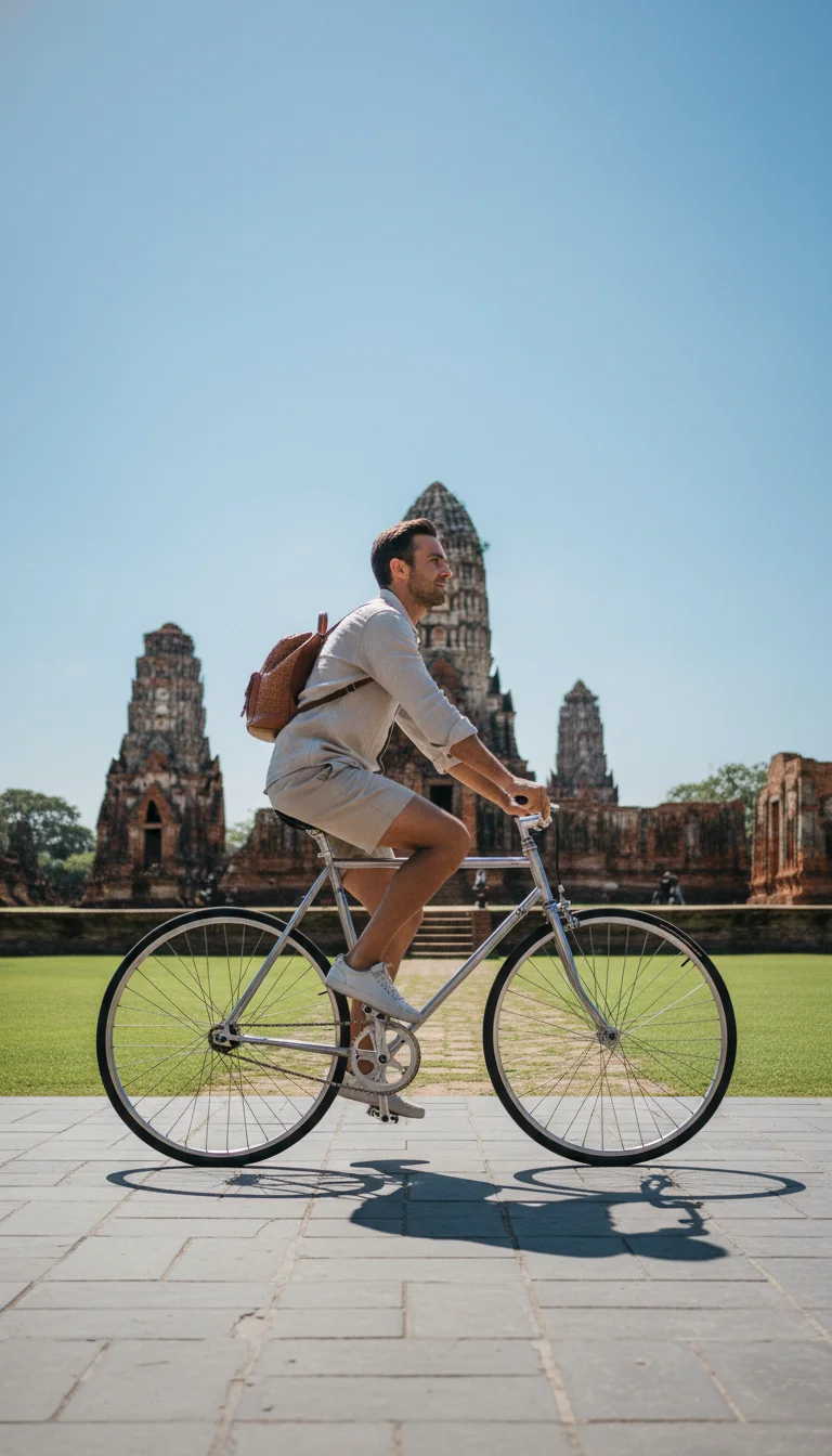 An experiential shot of a traveller riding a silver single-speed bicycle along a paved path next to the red-brick ruins and green lawns of Wat Phra Ram under a bright sky
