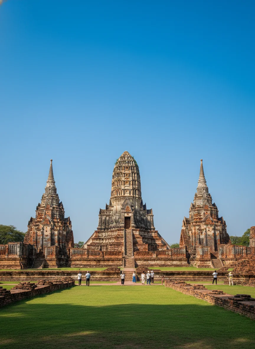 A wide establishing shot of the three large brick stupas of Wat Phra Si Sanphet in Ayutthaya Historical Park, standing tall in a neat row against a clear blue sky with green grass lawns and ruined brick foundations in the foreground